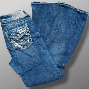Silver Jeans Suki Super Stretch Mid Boot Jeans 28x31 Y2K Distressed Embellished
